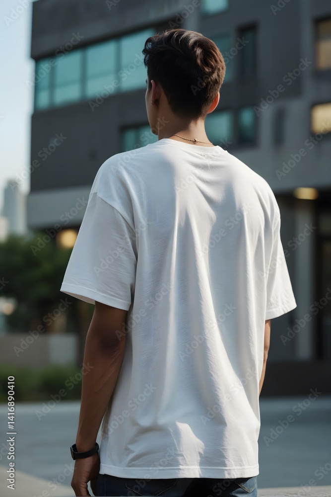 Fototapeta premium A young man with short dark hair and a white T-shirt stands facing away from the camera in an urban setting.