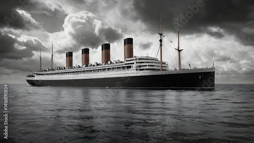 A massive vintage steamship from the 1900s cruising the open sea, smokestacks releasing dark smoke,Generative Ai
