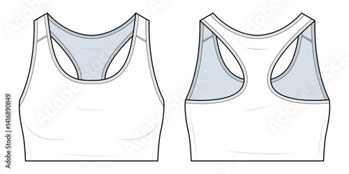 Racerback Sports Bra Technical Fashion Illustration. Fitted Crop Tank Vector Template. Front and Back View. Scoop Neckline. Activewear. White Color. CAD Mockup.