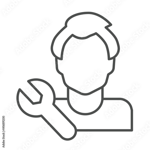 Mechanician guy and wrench thin line icon, repair service concept. Vector graphics. Master man with repair tool sign on white background, linear style icon for mobile or web design.