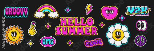 Set of nostalgic pop art sticker pack. Collection of funny and cute emoji and vintage lettering badges and graphic elements isolated on black background. Vector illustration
