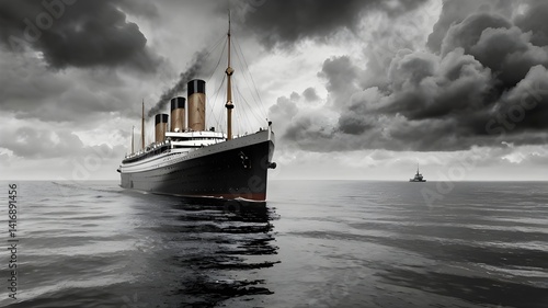 A massive vintage steamship from the 1900s cruising the open sea, smokestacks releasing dark smoke,Generative Ai
