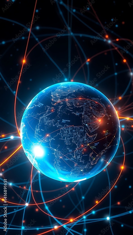 Fototapeta premium Blue sphere with network connections radiating outwards digital abstract representation.