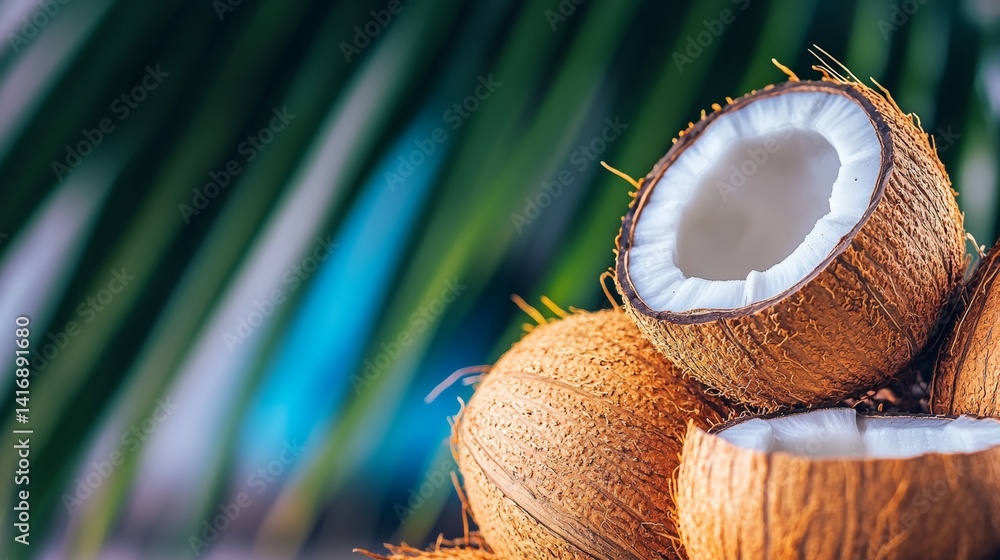 Three coconuts are piled on top of each other. The coconuts are cut open and the white flesh is visible. The coconuts are surrounded by green leaves, which add a natural and tropical feel to the scene Three coconuts are piled on top of each other. The coconuts are cut open and the white flesh is visible. The coconuts are surrounded by green leaves, which add a natural and tropical feel to the scene