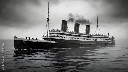 A massive vintage steamship from the 1900s cruising the open sea, smokestacks releasing dark smoke,Generative Ai
