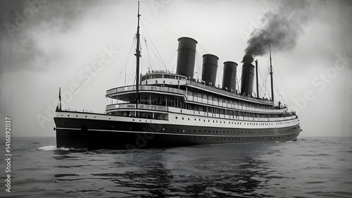 A massive vintage steamship from the 1900s cruising the open sea, smokestacks releasing dark smoke,Generative Ai
