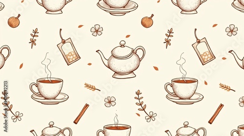 Illustration of Green tea leaves and cup on cream background