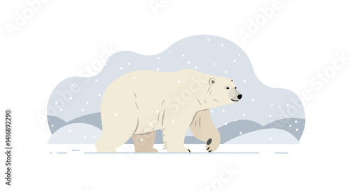 Polar bear walking through snowy arctic landscape with minimalist soft colors and flat design style vector illustration