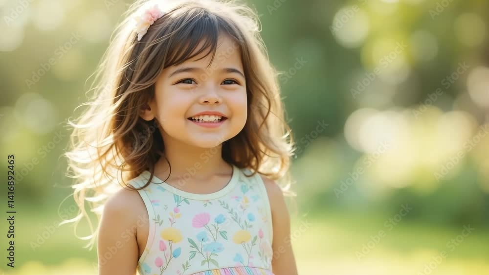 Happy little girl laughing, blinking, looking left then right, wearing pastel dress, summer light
Happy little girl laughing, blinking, looking left then right, wearing pastel dress, summer light