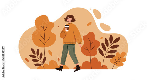Young woman walking outdoors with coffee cup surrounded by autumn trees and leaves in flat minimal vector illustration