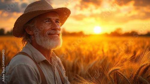 An elderly farmer looks toward a vibrant sunset over golden fields