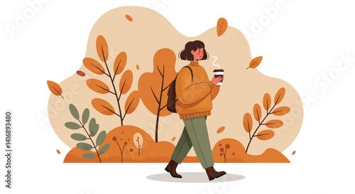 Young man walking outdoors with coffee cup in autumn nature flat design vector illustration