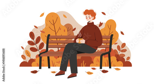 Young man with red hair sitting on park bench surrounded by autumn leaves in warm colors flat design vector illustration