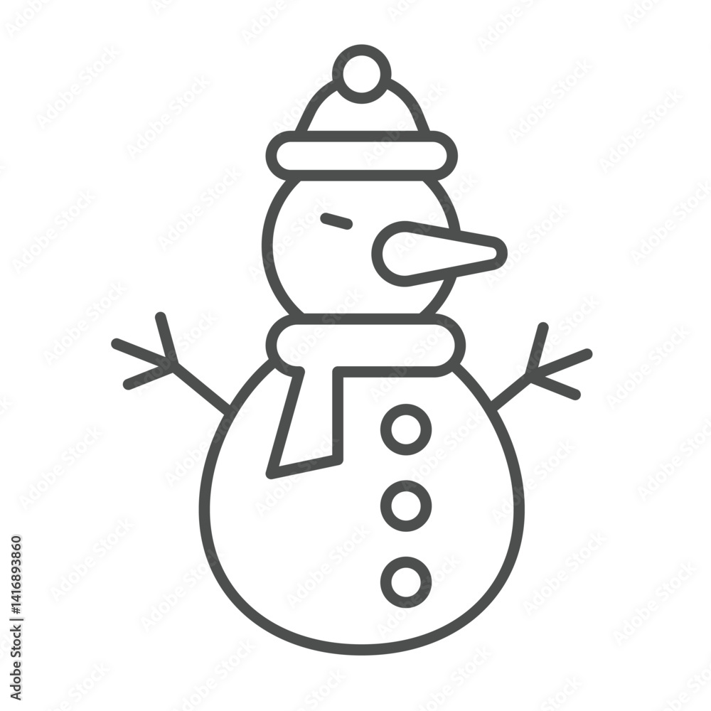 Snowman with scarf and hat thin line icon, happy christmas concept. Vector graphics. Snow ball humanoid man, kids joy sign on white background, linear style icon for mobile or web design. Snowman with scarf and hat thin line icon, happy christmas concept. Vector graphics. Snow ball humanoid man, kids joy sign on white background, linear style icon for mobile or web design.
