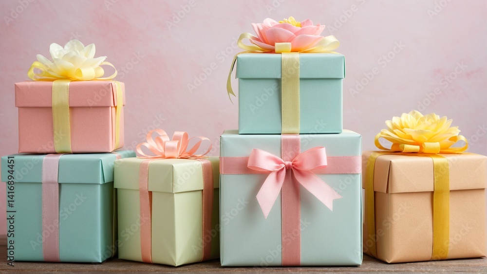Obraz premium Pastel Presents: A Sweet Collection of Gift Boxes Adorned with Ribbons and Flowers, Ready to Delight and Celebrate Special Occasions.