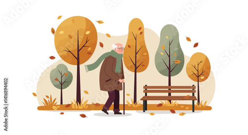 Elderly man walking with cane through autumn park surrounded by falling orange and yellow leaves flat style vector illustration