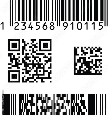 Barcode isolated on white background, Ean 13, Data Matrix, pdf 417, qr code, barcode set