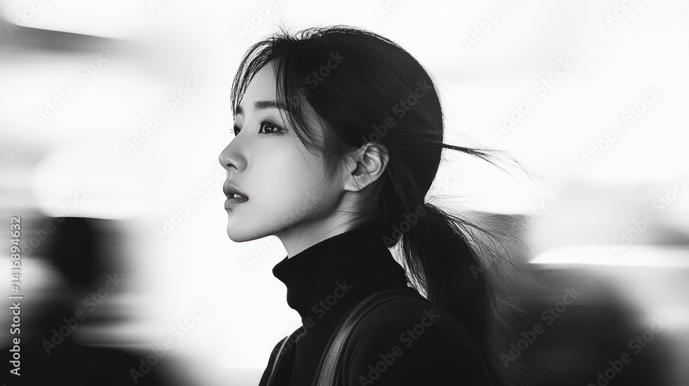 © Anak - Black and white profile portrait of a pensive woman. © Anak - Black and white profile portrait of a pensive woman.