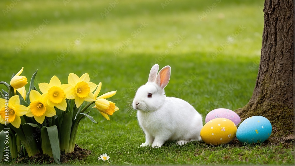 Fototapeta premium A charming Easter scene featuring a fluffy white bunny amidst vibrant daffodils and colorful eggs in a lush green meadow.