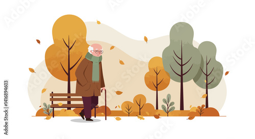 Elderly woman walking with cane in autumn park flat design scene with colorful trees and falling leaves vector illustration