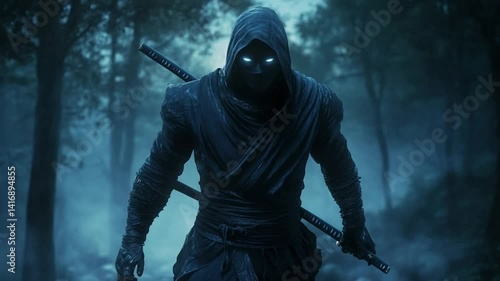 Stealthy assassin wielding katana, emerging from misty forest in an intense standoff
