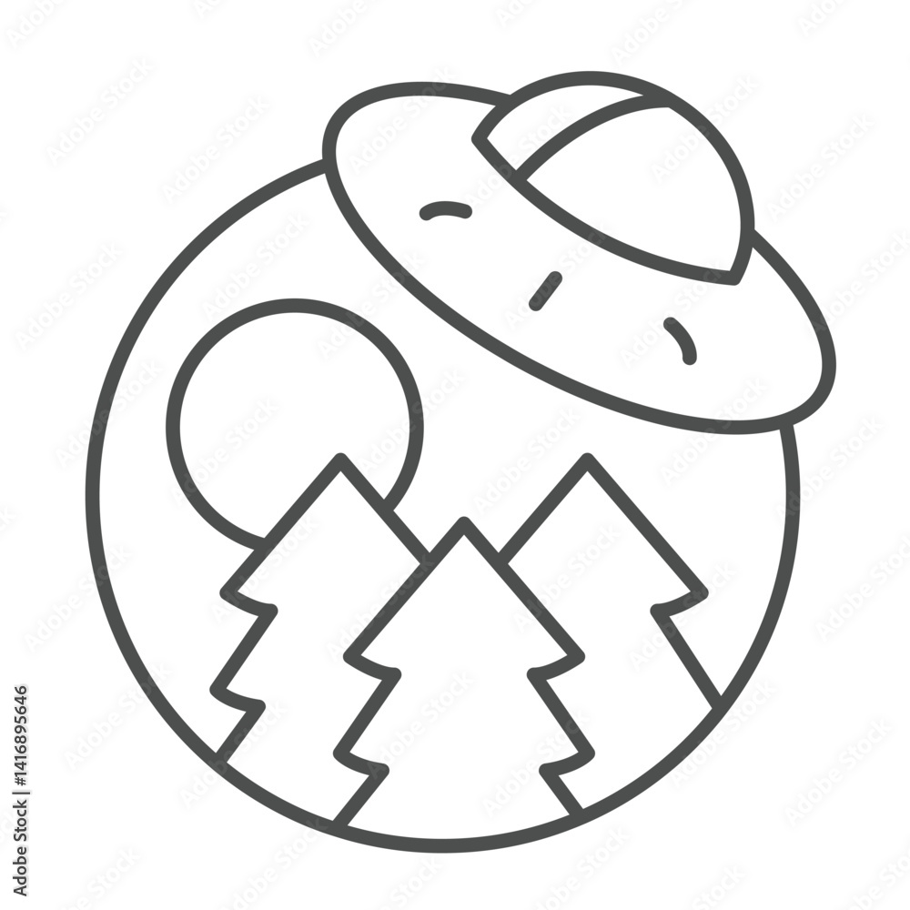 Forest and moon with alien ship thin line icon, cosmos concept. Vector graphics. Alien spaceship landing, UFO plate sign on white background, linear style icon for mobile or web design. Forest and moon with alien ship thin line icon, cosmos concept. Vector graphics. Alien spaceship landing, UFO plate sign on white background, linear style icon for mobile or web design.