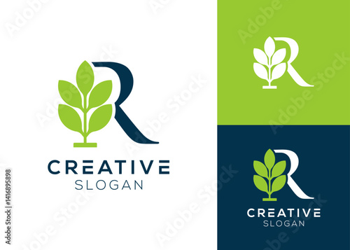Letter R with leaf or plant logo design for agriculture or farming