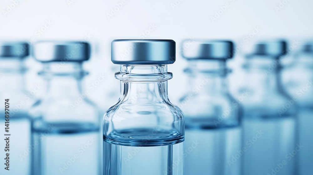 Clear glass vials lined up in rows Clear glass vials lined up in rows