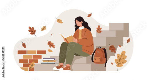 Young woman reading book on outdoor steps surrounded by falling autumn leaves in flat design vector illustration