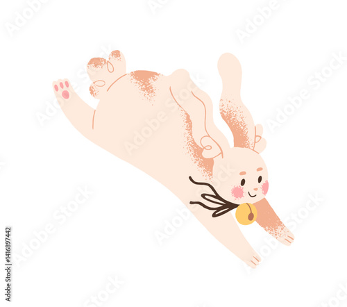 Cute fairytale hare with golden bell on ribbon on his neck runs and smiles. Happy Easter rabbit is rushing. Funny paschal bunny hurries up. Flat isolated vector illustration on white background