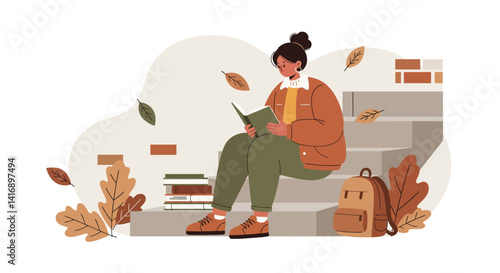 Young woman reading book on outdoor steps in cozy autumn clothing flat style vector illustration