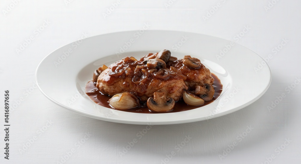 Horizontal serving of coq au vin in a bowl with crusty baguette on the side, rustic wooden surface background, natural daylight. Horizontal serving of coq au vin in a bowl with crusty baguette on the side, rustic wooden surface background, natural daylight.