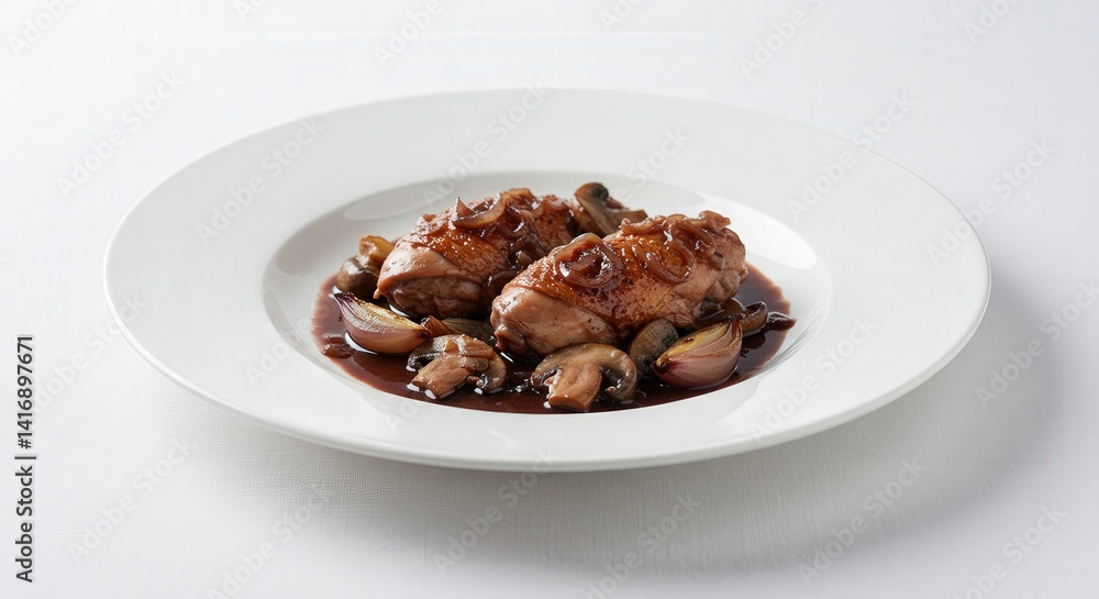 Horizontal serving of coq au vin in a bowl with crusty baguette on the side, rustic wooden surface background, natural daylight. Horizontal serving of coq au vin in a bowl with crusty baguette on the side, rustic wooden surface background, natural daylight.