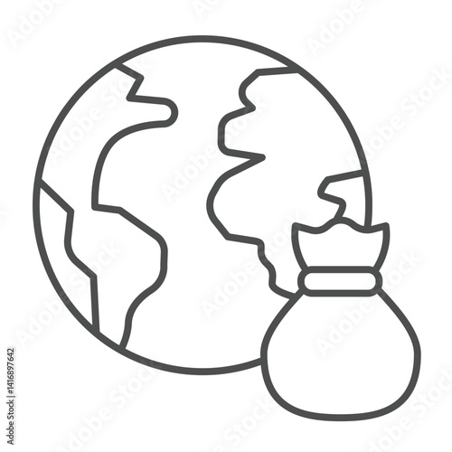 Planet earth and trash bag thin line icon, climate change concept. Vector graphics. Ecology disaster, pollution danger sign on white background, linear style icon for mobile or web design.