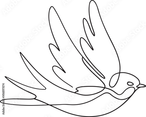 Elegant Bird Illustration with Wings Spread in Thick Black and White Line Art Style for Coloring Books and Minimalist Vector Designs