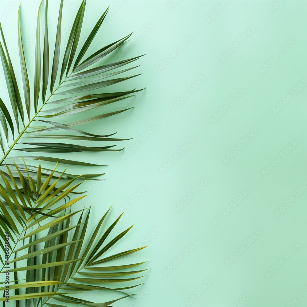 Palm leaves on soft green background, minimal and peaceful.