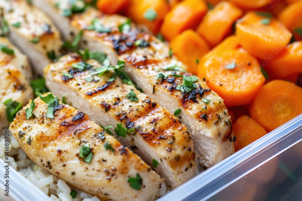 Grilled chicken with rice and carrots in fresh meal prep display Grilled chicken with rice and carrots in fresh meal prep display