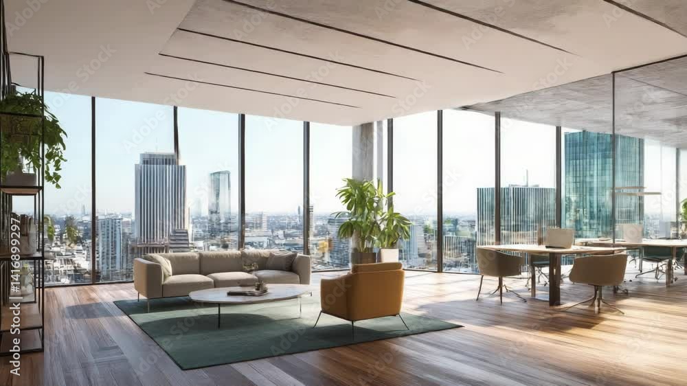 A modern office interior featuring large windows and stylish furniture. A modern office interior featuring large windows and stylish furniture.