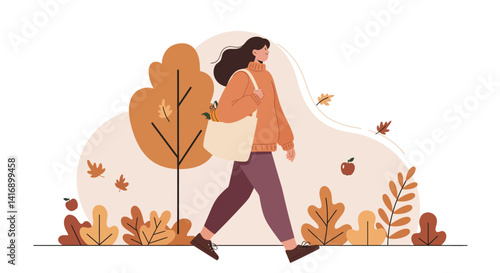 Woman walking outdoors in autumn flat design style with falling leaves and casual outfit vector illustration