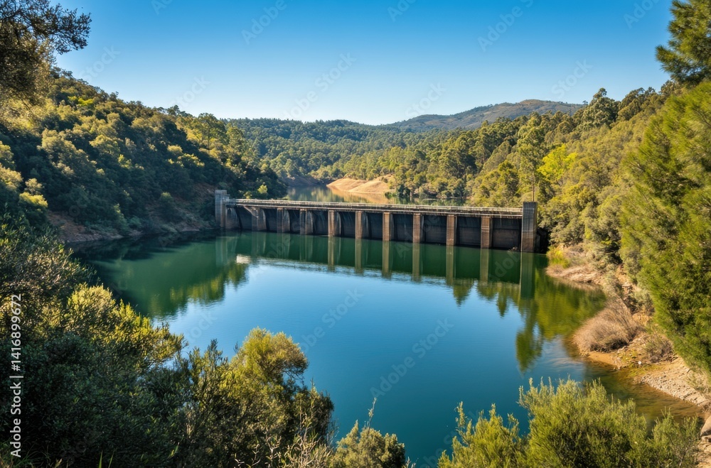 Fototapeta premium A peaceful lakeside view of a dam, with crystal-clear