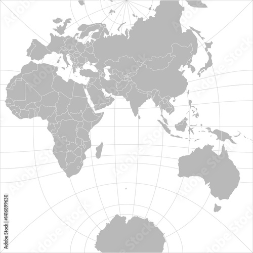 World vector map with country boundaries and graticules (Eastern hemisphere with -20 degree offset, Guyou projection, PPT-compatible & fully editable)