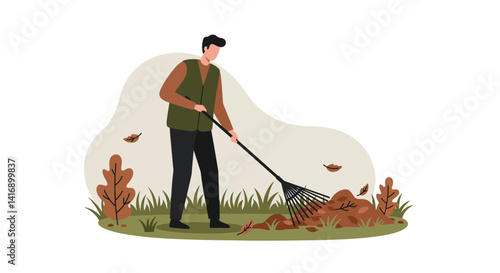 Young man raking autumn leaves in flat minimal style outdoor garden scene vector illustration