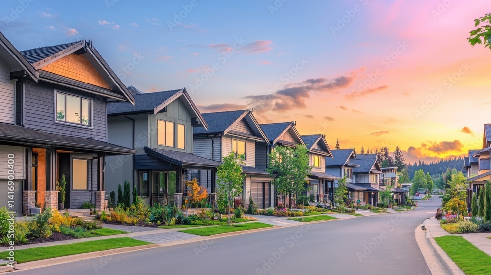 Suburban street row, neatly landscaped, with colorful sunset. Quiet, peaceful, and serene neighborhood street Suburban street row, neatly landscaped, with colorful sunset. Quiet, peaceful, and serene neighborhood street