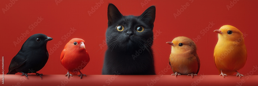 Fototapeta premium Little birds and black cat on red background.