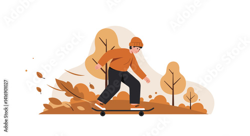 Young man skateboarding outdoors in autumn park with falling leaves flat design vector illustration