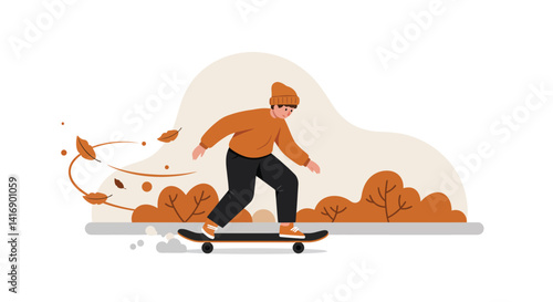 Young boy skateboarding outdoors in autumn with warm clothing and falling leaves flat design vector illustration