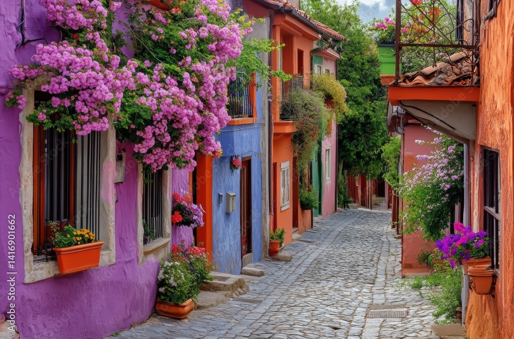 Fototapeta premium A peaceful village with cobblestone streets,