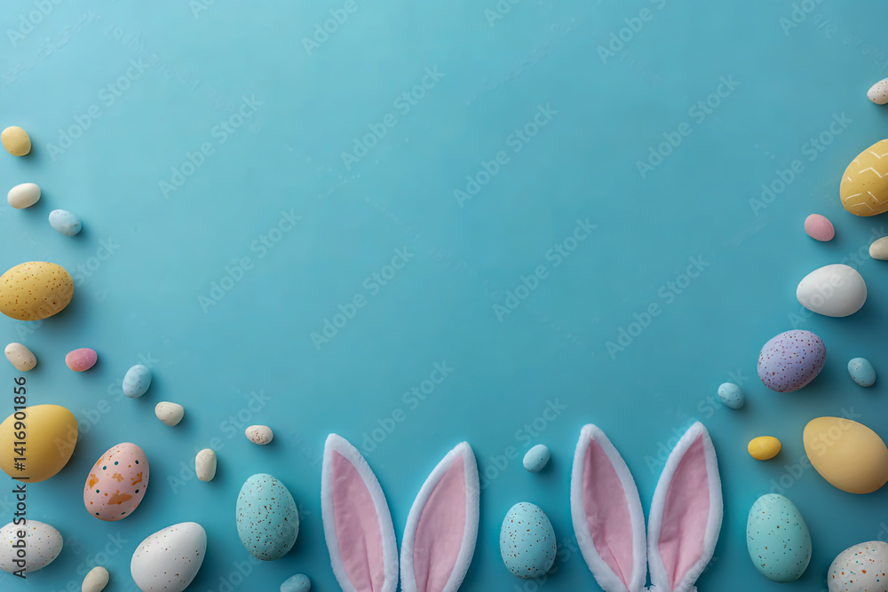 Easter background with pastel-colored eggs and bunny ears on a blue background, viewed from above in a flat lay composition. Ample copy space is available for text Easter background with pastel-colored eggs and bunny ears on a blue background, viewed from above in a flat lay composition. Ample copy space is available for text