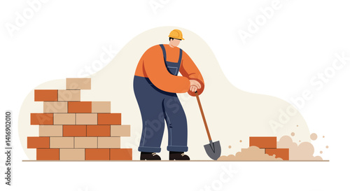 Construction worker digging with shovel near brick wall in minimal flat style vector illustration