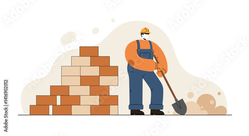 Construction worker wearing helmet and overalls digging near stacked brown boxes in flat minimal vector art
